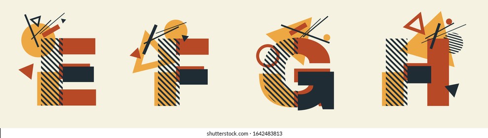 Vector Constructivism Abstract Alphabet Set - letters E, F, G, H with geometric composition. For wedding invitations, decoration, flyers, banners, magazines, posters. Unique conceptual Avant garde.