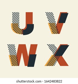 Vector Constructivism Abstract Alphabet Set - letters U, V, W, X with geometric composition. For wedding invitations, decoration, flyers, banners, magazines, posters. Unique conceptual Avant garde.