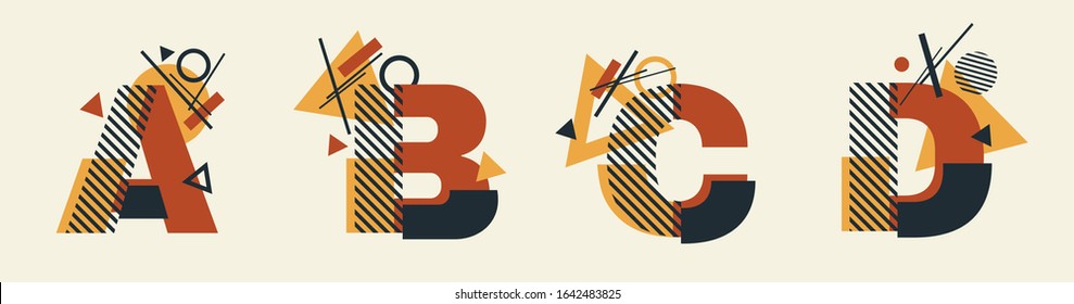 Vector Constructivism Abstract Alphabet Set - letters A, B, C, D with geometric composition. For wedding invitations, decoration, flyers, banners, magazines, posters. Unique conceptual Avant garde.