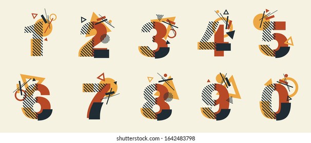 Vector Constructivism Abstract Number Set - digits 1, 2, 3, 4, 5, 6, 7, 8, 9, 0 with geometric composition. Unique collection for wedding invites, flyers, banners, posters, magazines, conceptual ideas