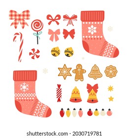 Vector constructor decor elements collection isolated on white background. Christmas socks cookies candy bells and others. Christmas and New Year theme design in vector.