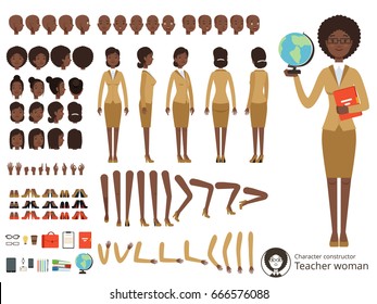 Vector constructor of female character. Afroamerican teacher pointing. Vector different body parts and elements set