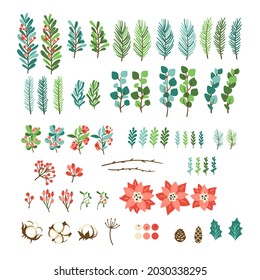 Vector constructor floral elements collection isolated on white background. Winter berries branches and leaves. Christmas and New Year theme design in vector.