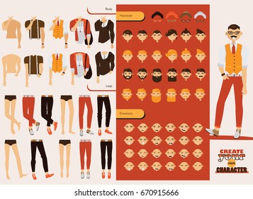 Vector constructor with handsome male character with spare body parts, changable heads, emotions on face, hairstyle and beard type. Hand drawn hipster guy creation collection.