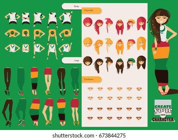 Vector constructor of rastafarian girl character. Spare body parts in various clothes, different emotions set, rasta dreadlocks of different hairstyle. Creation character collection.