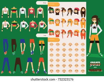 Vector constructor of rastafarian men character. Spare male body parts in various clothes, different emotions set, rasta dreadlocks of different hairstyle. Creation character collection