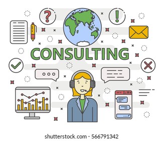 Vector Consulting service concept banner. Linear chart, graph. Consultant with speech bubbles. Thin line flat design infographic elements, symbols and icons for web, marketing and printing.