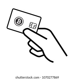 Vector contacless bitcoin payment card with sim held in hand icon on white background