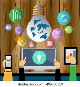 Vector Contact businessman working to achieve success on a mobile tablet to communicate together  flat design