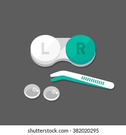 vector contact lenses container and tweezer / green and white on grey / flat, cartoon, icon template