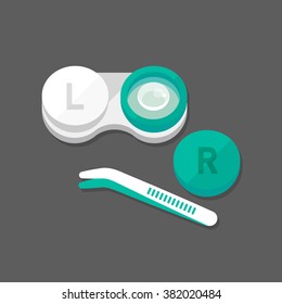 vector contact lenses in container with tweezers / green and white on grey / flat, cartoon, icon template