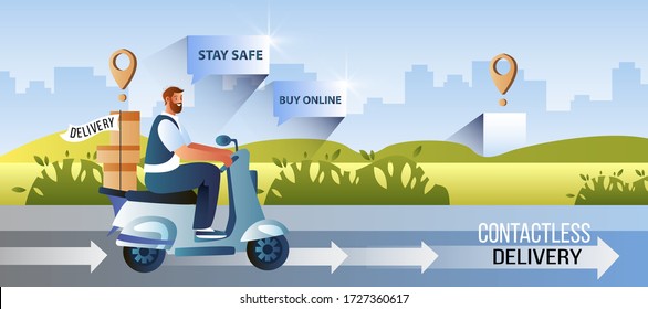 Concepto de entrega sin contacto vectorial con carácter masculino en scooter, cajas, carretera, paisaje urbano. Banner de envío rápido con mensajero barbudo en motocicleta. Ilustración segura de la compra en línea en estilo plano