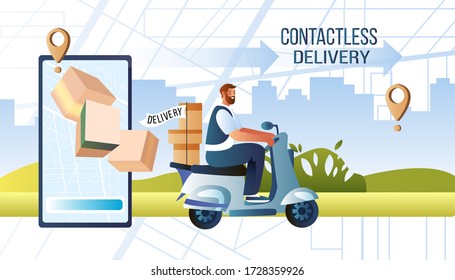 Vector contactless delivery concept with male character on scooter, boxes, road, smartphone screen, cityscape. Fast shipping banner with bearded courier on motorbike. Safe online shopping illustration