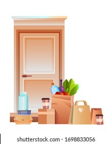 Vector contactless delivery illustration with door, coffee, milk, groceries, box, paper packages with food. Safe delivery of products during COVID-19 quarantine. Flat clipart isolated on white.