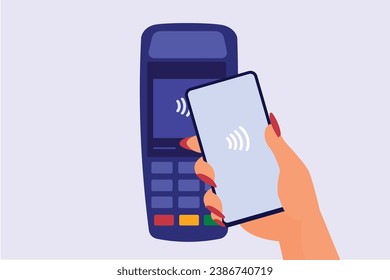 Vector contactless payment concept female hand holding phone in terminal
