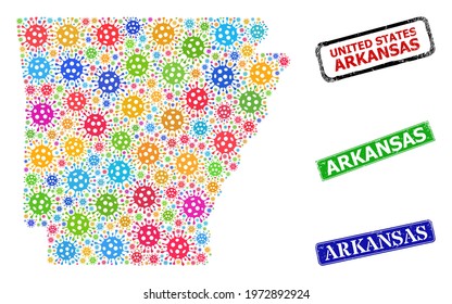 Vector contagious collage Arkansas State map, and grunge Arkansas seals. Vector multi-colored Arkansas State map collage, and Arkansas dirty framed rectangle stamp seals.