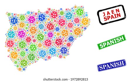 Vector contagious collage Jaen Spanish Province map, and grunge Spanish stamps. Vector colored Jaen Spanish Province map collage, and Spanish textured framed rectangle watermarks.