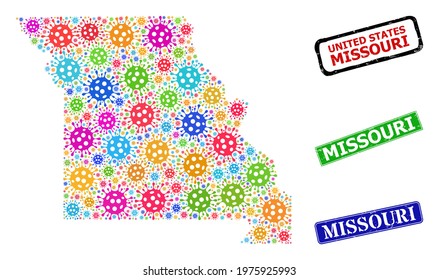 Vector contagious collage Missouri State map, and grunge Missouri stamps. Vector colored Missouri State map collage, and Missouri corroded framed rectangle stamps.