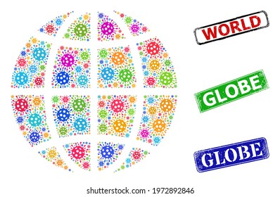 Vector contagious collage planet globe, and grunge Globe seals. Vector multi-colored planet globe collage, and Globe unclean framed rectangle stamps.