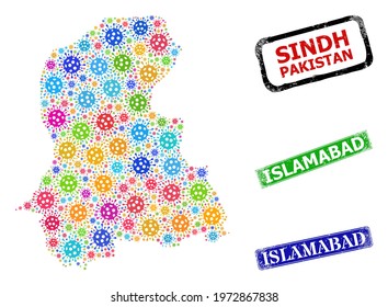 Vector contagious collage Sindh Province map, and grunge Islamabad seal stamps. Vector colored Sindh Province map mosaic, and Islamabad corroded framed rectangle stamp seals.