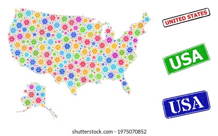 Vector contagious collage USA with Alaska map, and grunge USA seal stamps. Vector colorful USA with Alaska map collage, and USA grunge framed rectangle seal imitations.