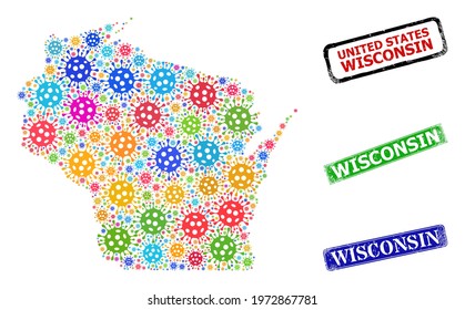 Vector contagious collage Wisconsin State map, and grunge Wisconsin stamps. Vector multi-colored Wisconsin State map collage, and Wisconsin grunge framed rectangle seals.
