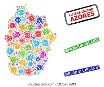 Vector contagious mosaic Flores Island of Azores map, and grunge Bermuda Island stamps. Vector multi-colored Flores Island of Azores map collage, and Bermuda Island scratched framed rectangle stamps.
