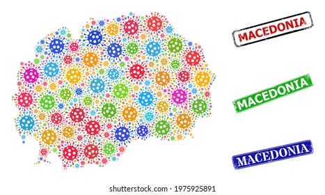Vector contagious mosaic Macedonia map, and grunge Macedonia stamps. Vector colored Macedonia map mosaic, and Macedonia scratched framed rectangle seal imitations.