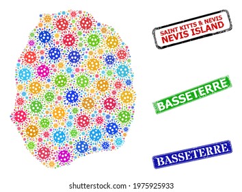 Vector contagious mosaic Nevis Island map, and grunge Basseterre seal stamps. Vector colorful Nevis Island map collage, and Basseterre grunge framed rectangle stamp seals.