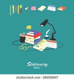 vector contain stationery vectors ex. books,pencil,pen,rubber,cutter,calendar,glasses and paper.