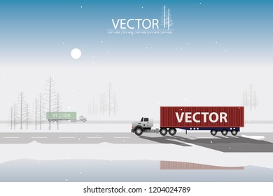 vector container truck driving on the highway road on winter background