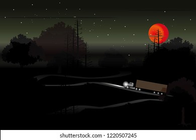 vector container truck driving on the local road on dark forest  and big red moon. holloween background