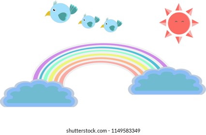 A vector containing blue sky with rainbows a bright sun and birds flying in the sky.