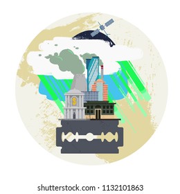 Vector contaminated city which stands on a razor blade against a blank planet. Pictured: skyscrapers, bank, buildings, factory, exhaust fumes, cloud, satellite in space, acid green rains.