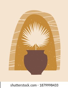 Vector contemporary aesthetic composition with palm plant in vase, arch. Creative Mid Century minimalist bohemian design, print, poster, background, illustration