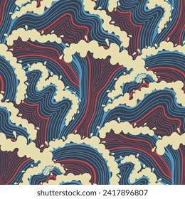 vector contemporary blue and red wave lines asian style seamless pattern on dark blue.