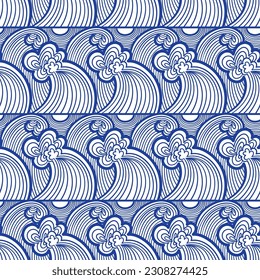 vector contemporary blue wave lines asian style seamless pattern on white