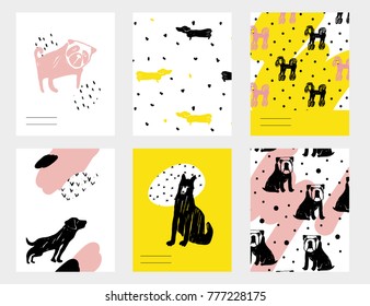 Vector contemporary card set with funny dogs. Hand drawn template with dachshund, pug, bulldog, shepherd, rottweiler for New Year, birthday, business, anniversary, wedding, party invitation, holidays.