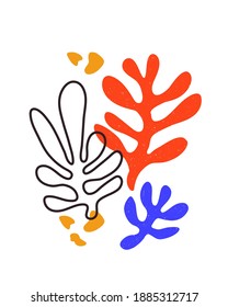 Vector contemporary composition with aesthetic hand drawn abstract leaves and fluid shape forms. Creative Matisse inspired floral illustration. Childish scandinavian background, wallpaper, print