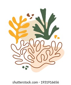 Composición vectorial contemporánea con hojas abstractas estéticas dibujadas a mano y formas fluidas. Ilustración floral inspirada en Creative Matisse. Fondo escandinavo infantil, papel pintado, impresión