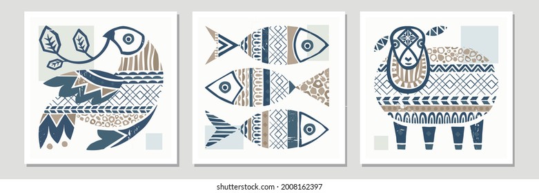 Vector contemporary folk animals illustration set in scandinavian hygge stile. Perfect print for cozy home and restorant decor,nordic, fairy tale, viking culture designs. Good as interior poster.