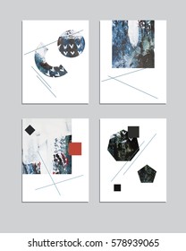 Vector contemporary geometrical greeting card set. Hand drawn acrylic abstract template for cards, flyers, brochures, business, birthday, anniversary, wedding, party invitation, holidays.