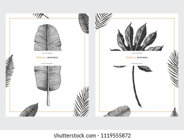 Vector contemporary greeting card set with tropical graphics in vintage style. Hand drawn collection of exotic plant template for birthday, business, anniversary, wedding, party invitation, holidays.