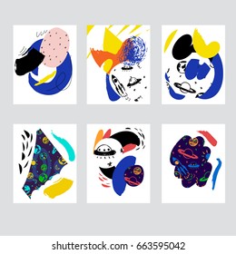 Vector contemporary greeting card set. Hand drawn ink template with planets, galaxy, spaceship, ufo for cards, flyers, brochures, business, birthday, anniversary, wedding, party invitation, holidays.