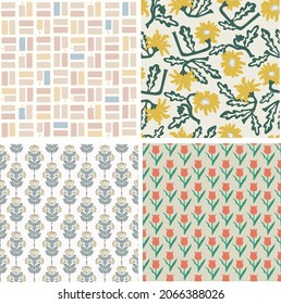 Vector contemporary hand-drawn nature and flower theme illustration seamless repeat pattern collection set bundle collection set bundle fashion fabric home decor print textile digital artwork
