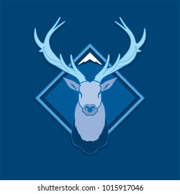 Vector contemporary logo illustration of deer head on blue background