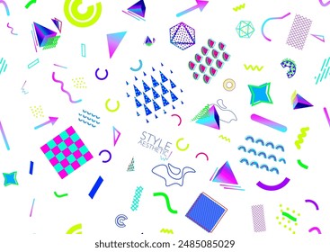 Vector contemporary Memphis inspired style seamless pattern. Abstract texture background. Geometric shapes in vibrant neon colors, squiggles, diamonds, pyramids.