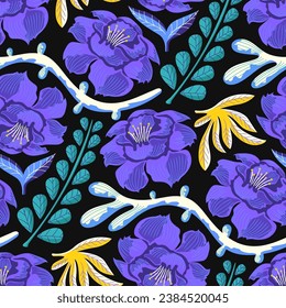 vector contemporary puple floral and leaves seamless pattern on black.