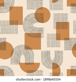 Vector contemporary seamless pattern with aesthetic hand drawn abstract shapes and geometric elements. Creative Mid Century minimalist bohemian contemporary design, print, poster, background