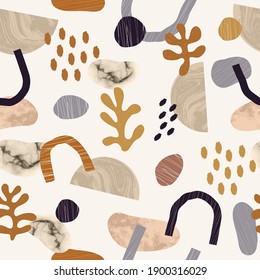 Vector contemporary seamless pattern with aesthetic hand drawn abstract plants, forms, stone, archs, dots. Creative minimalist bohemian contemporary design, print, poster. Matisse inspired background